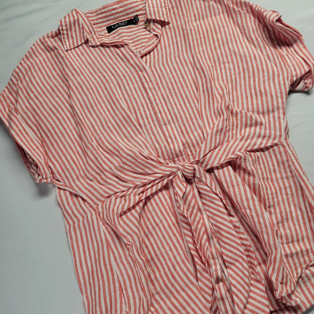 Lauren Ralph Lauren Red White Striped Linen Front Tie Shirt Large Short Sleeve - Picture 3 of 11